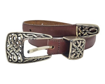 Vintage Brighton Belt Small 1995, Celtic Buckle Belt, Brown Leather Belt w/ Silver Hardware, Brighton Model 35007, Vintage 90s Belt Ladies