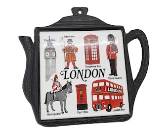 Vintage London Souvenir Trivet, Tea Kettle Shape Trivet, Ceramic Tile Trivet w Metal Frame, England Souvenir Tabletop Trivet, Tea Pot Trivet