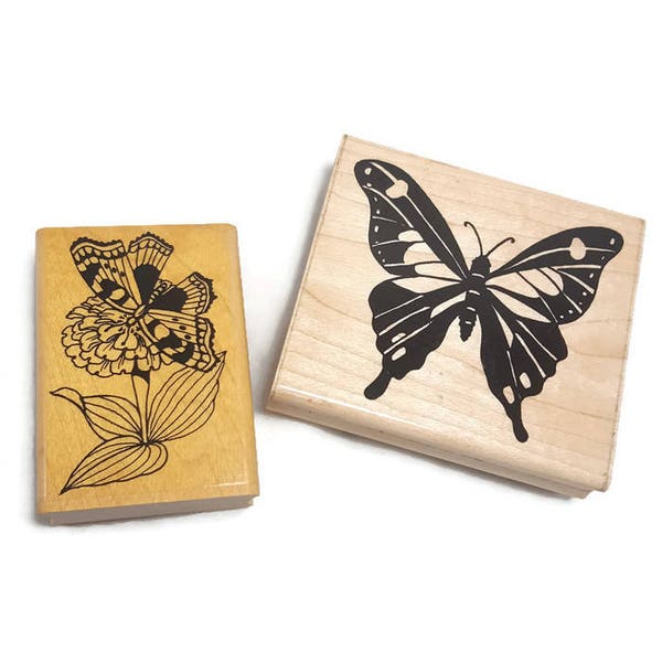 2 Butterfly Rubber Stamps, Embossing Arts JKL Designs, Retired Discontinued Stamp, Wood Mounted Rubber Stamps, Butterfly On Zennia Majestic