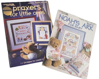 2 Vintage Cross Stitch Pattern Booklets Lot Baby Prayers & Noah's Ark, Nursery Art Cross Stitch Books, Cross Stitch Baby Gift Charts