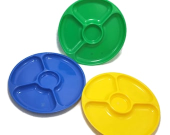 Vintage Divided Plastic Plates, Vintage Picnic Camping Cafeteria Plates, 10in Divided Plas Tex Plates, Round Sectioned Picky Eater Plate