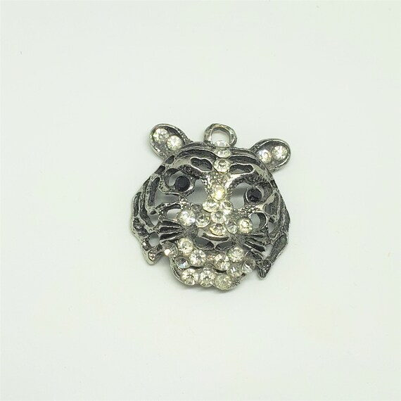 Rhinestone Tiger Head Pendant, Silver Tone w Clea… - image 10