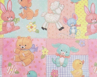 Papel de regalo vintage para baby shower, 2 piezas, con animales de peluche en rosa pastel y estampado patchwork, NOS, papel de regalo vintage plano de 50 x 76 cm, regalo para recién nacida.