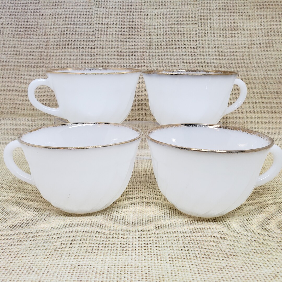 4 Fire King Anniversary Set Tea Cups, Vintage Swirl Milk Glass, 14k Gold Rim Tea Cup Set, Glass