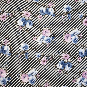 Stripes and Floral Stretch Knit Fabric 1.5 yards, Apparel Weight Knit Fabric, Pastel Flowers w/ Black and White Stripes, Stretch Knit Fabric