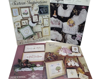 4 Cross Stitch Pattern Booklets Lot Country Cottagecore Samplers Collars Books