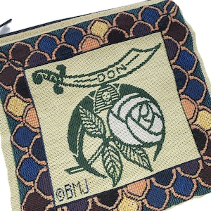 Vintage Shriners Tapestry Bag, Zip Top Pouch, Shriners Scimitar and Crescent Symbol w/ Rose, Don Name, 8in Square, Freemason Organization