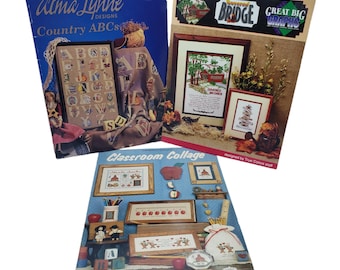 3 Vintage Cross Stitch Pattern Booklets Lot Country Alphabet Bridges School Books