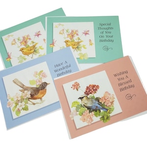 4 Cartões de felicitações com ilustrações de pássaros vintage com envelopes, cartões de feliz aniversário, cartões de aniversário religiosos, cartões de pássaros em tons pastel, alegremente seu