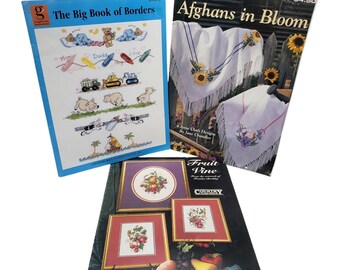 3 Vintage Cross Stitch Pattern Booklets Lot Borders Ann Cloth Florals Fruit Books