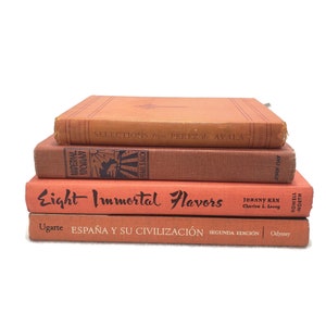 Lot de 4 décorations de livres vintage, livres esthétiques orange, livres anciens pour travaux manuels, accessoire de théâtre, bibliothèque instantanée, livres de mise en scène, couverture rigide