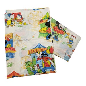 Vintage 80s Disney Twin Bed Sheet Set, Mickey Mouse Circus Fair Carnival Sheet Set, Flat & Fitted Sheet, Polycotton Sheet Fabric Upcycle