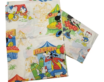 Vintage 80s Disney Twin Bed Sheet Set, Mickey Mouse Circus Fair Carnival Sheet Set, Flat & Fitted Sheet, Polycotton Sheet Fabric Upcycle