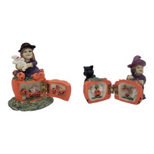 2 vintage Halloween-beeldjes met scharnierende pompoen Heksengeesten spookachtige verborgen scènes