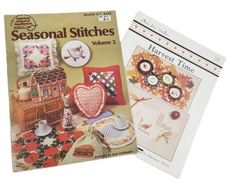 2 Cross Stitch Pattern Booklets Lot, Seasonal Holiday Halloween Cross Stitch Designs & Charts, Cross Stitch Pattern Lot, Harvest Time