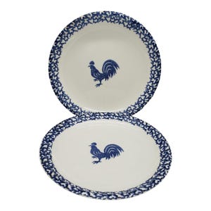 Set of 2 Tienshan Folkcraft Rooster Blue Sponge Stoneware Plates, 2 Dinner Plates 10in Size, Vintage Stonewater Plates, Folk Craft Ceramic