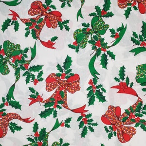 Vintage Christmas Tablecloth Holly Berry Bow Print, Vintage Handmade Tablecloth, Holly Berries & Bows, Holiday Table Linens, Vintage Fabric
