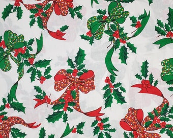 Vintage Christmas Tablecloth Holly Berry Bow Print, Vintage Handmade Tablecloth, Holly Berries & Bows, Holiday Table Linens, Vintage Fabric