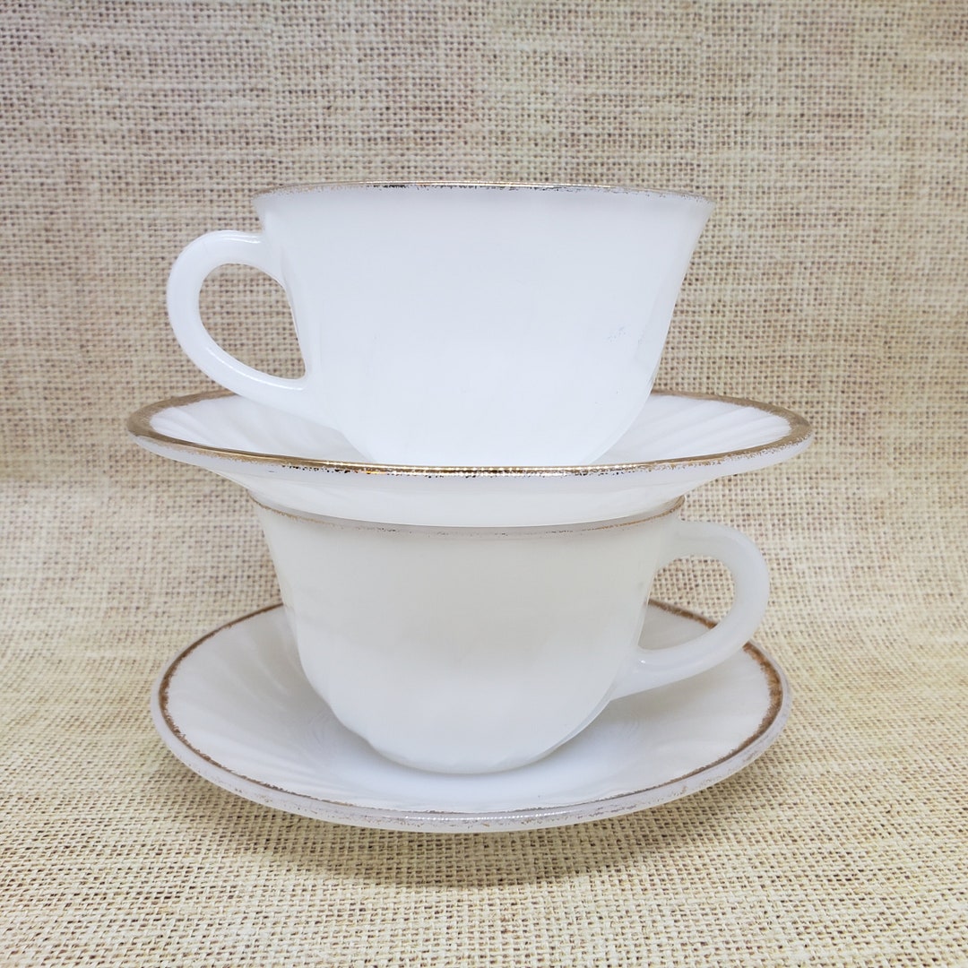 2 Fire King Anniversary Set Tea Cups W/ Saucers, Vintage Swirl Milk Glass, 14k Gold Rim Tea Cup