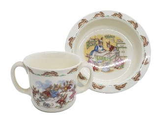 Vintage Royal Doulton Bunnykins 2 Handled Cup 6in Cereal Bowl Set Winter Christmas
