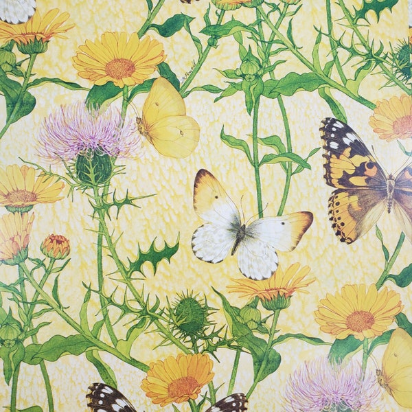 Vintage Butterfly Gift Wrap, Yellow Flower Gift Wrap, Flat Wrapping Paper 24x30in, Spring Floral Paper, Butterflies & Thistle Print Paper