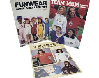 3 Vintage Cross Stitch Pattern Booklets Lot, Cross Stitch on Clothing Books, Sweatshirt Cross Stitch, Waste Canvas Pattern