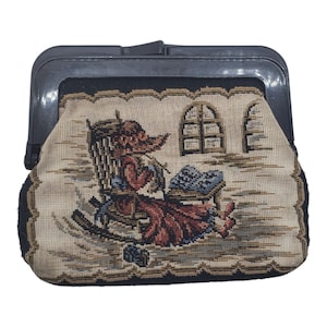 Vintage Country Lady Double Sided Tapestry Change Purse, Mini Clutch Kiss Lock Closure, Granny Core Cottagecore Coin Purse