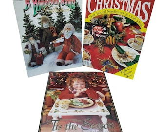 3 Vintage Christmas Crafts Pattern Booklets, Holiday Craft Book Lot, Christmas Needlework, Homespun Santa, 'Tis the Season