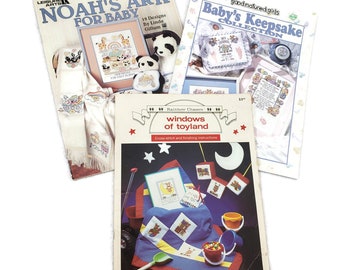 3 Vtg Cross Stitch Pattern Booklets Lot, Baby Gift Cross Stitch Charts, Baby's Keepsake Collection, Noah's Ark for Baby, Windows of Toyland
