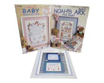 3 Vintage Cross Stitch Pattern Booklets Lot, Nursery Art Cross Stitch, Cross Stitch Baby Gift, Needlework Charts, Noah's Ark Cross Stitch