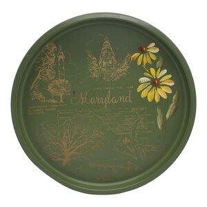 Geschilderde metalen dienblad staat Maryland, vintage souvenir, bloem staat Maryland Black Eyed Susan, vintage staatskaart rond metalen dienblad