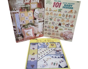 3 Vintage Cross Stitch Pattern Booklets Lot Baby Designs, Nursery Art Cross Stitch Books, Cross Stitch Baby Gift, Needlework Charts