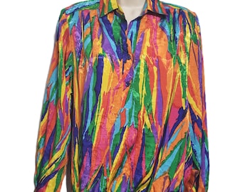 Vintage Rainbow Stripe Collared Shirt Sz 8 Blouse 80s Shoulder Pads Pride Funky