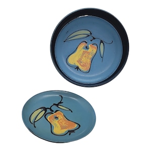 Vintage Fred Roberts Lacquerware Coasters Set, Blue Pear Fruit Design Coasters, Vintage Coasters in a Round Box, Fred Roberts Pear Painting