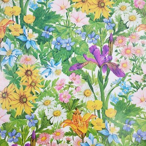 Peut inclure: Un motif floral coloré avec une variété de fleurs, dont des iris, des lys et des marguerites. Le fond est un papier blanc texturé.