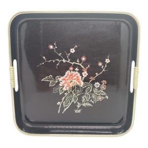 Vintage Lacquered Serving Tray, Asian Style Lacquered Tray, Pink Asian Floral Design, Black & Gold Square Tray w/ Handles, Chinoiserie Decor