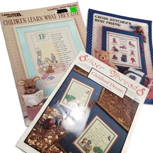 3 Vtg Cross Stitch Pattern Book Lot, Nursery Art Baby Gift Patterns, Teddy Bear Cross Stitch, Childhood Dreams, Cross Stitcher&#39;s Best Friend