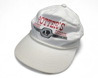 Vintage Snapback Hat Potter's Country Sausage, Vintage Baseballmütze, Farmer Country Hat, Weißer verstellbarer Snapback Hut, Pork Pig Logo Hut