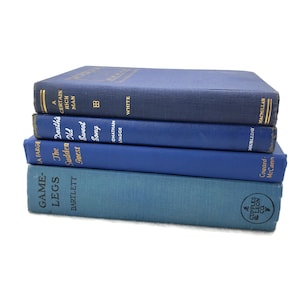 Lot de 4 décorations de livres vintage, livres esthétiques bleus, livres anciens, livres anciens pour travaux manuels, bibliothèque instantanée, ensemble de livres de mise en scène