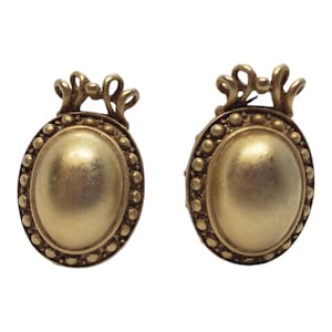 Vintage DKNY Brushed Gold Faux Cabochon Clip Earrings, Donna Karan New York Clip On Earrings, Vintage Clip On Earrings, Gold Tone Earrings