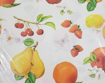 2 sheets Vintage Fruit Print Gift Wrap, All Occasions Gift Wrap, NOS Vintage Flat Wrapping Paper 20x30", Pear Apple Orange Cherry Paper