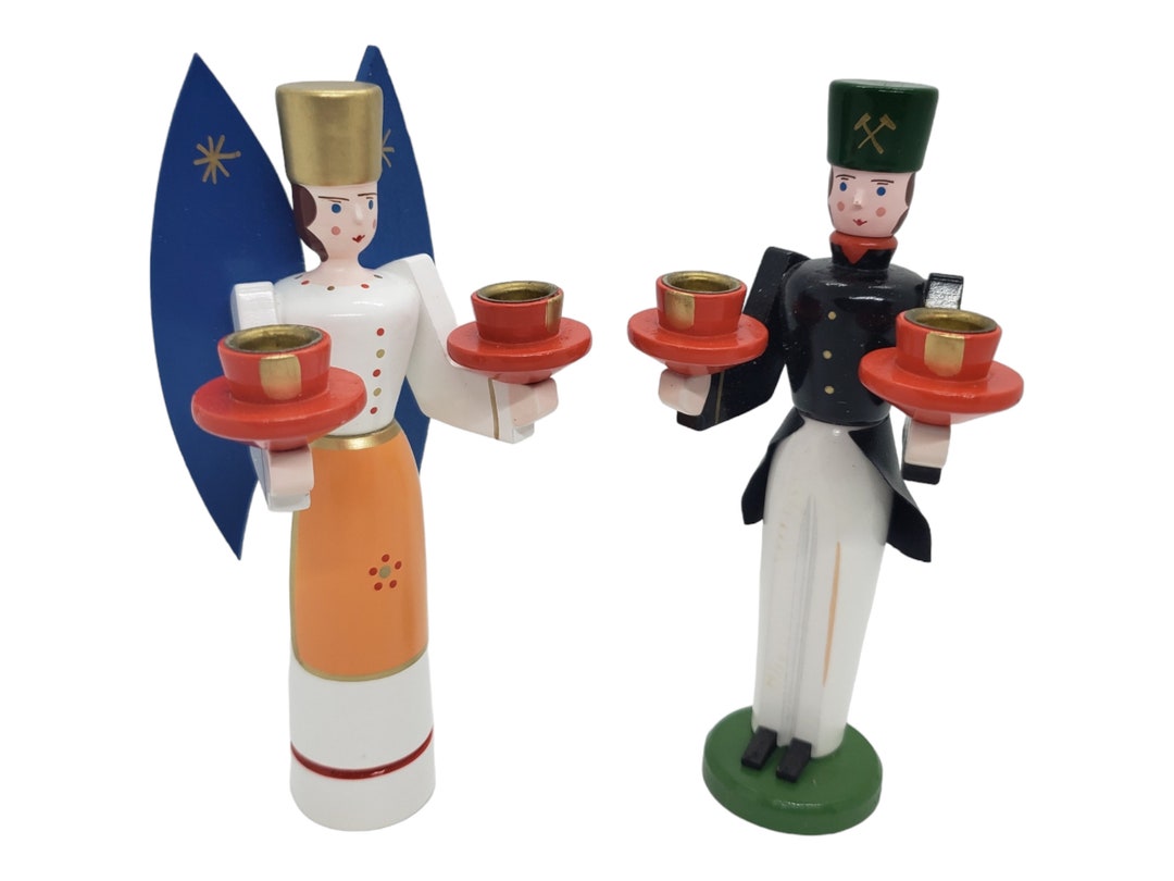 2 Vintage Wooden Seiffen Candle Holders Angel & Miner German Etsy
