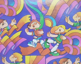 Vintage Kite Flying Kids Gift Wrap, Funky Psychedelic Gift Wrap, Current Brand Vintage Flat Wrapping Paper 24x30 Size, Rainbow Colors