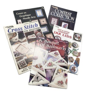 5 Vintage Cross Stitch Pattern Booklets Lot, Counted Cross Stitch Bookmarks & Jar Lids Charts, Cross Stitch Craft Projects Books, Needle Art