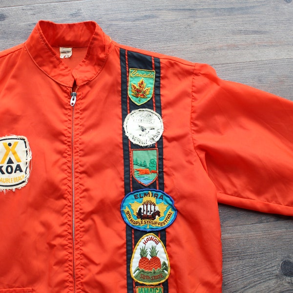 Vintage 1970's Nylon Swingster Windbreaker // 60s/70s Orange Jacket With Patches // Vtg Disneyworld, Canada, Hawaii Patches //