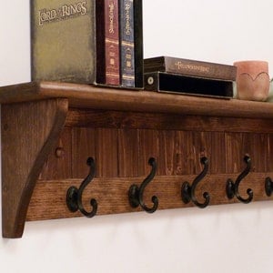 Entryway Coat Rack Wood Wall Shelf 35 Inches-Full color pattern/antique black hooks, Coat Rack with Shelf, Rustic Coat Rack