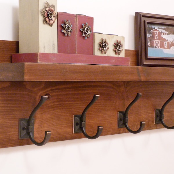 Entryway, Hallway or Mudroom Coat Rack with Antique Bronze Hooks, Wall Coat Rack, Coat Rack with Shelf, Rustic Coat Rack