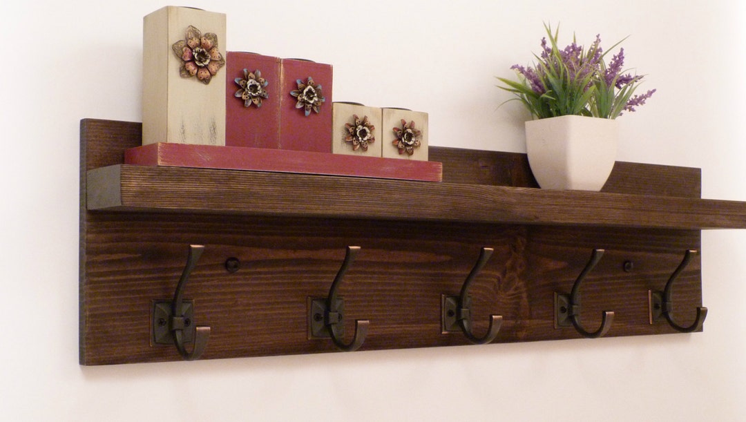 Solid Wood Oak Coat Hooks, Wall Coat Rack With Shelf Entryway, Hallway or  Mudroom 