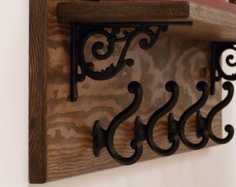 Rustic Entryway, Hallway or Mudroom Coat Rack with Wrought Iron Black Hooks, Wall Coat Rack, Coat Rack with Shelf, Rustic Coat Rack