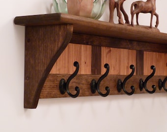 Entryway Coat Rack Wood Wall Shelf 35 Inches-Antique black hooks, Coat Rack with Shelf, Rustic Coat Rack